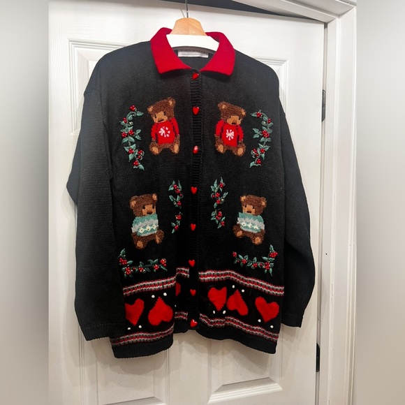 Karen Scott Ugly Christmas Sweater 2 Xl Cardigan Black Bears Heart Button Up - Picture 1 of 10